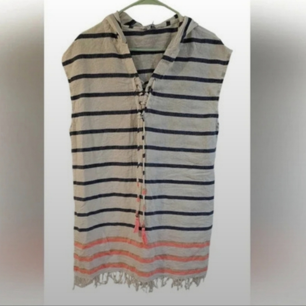 Blue Island Sleeveless Hooded Cover Up White Navy Stripe Neon Coral Fringe‎ XL
